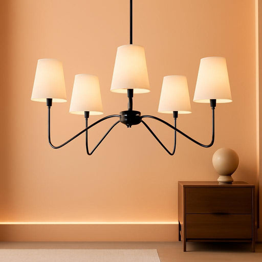 5-Light Modern Chandeliers, Pendant Lights Fixture with Linen Beige Fabric Shade for Living Room Dining Room Bedroom Hallway Entryway, Height Adjustable,E12