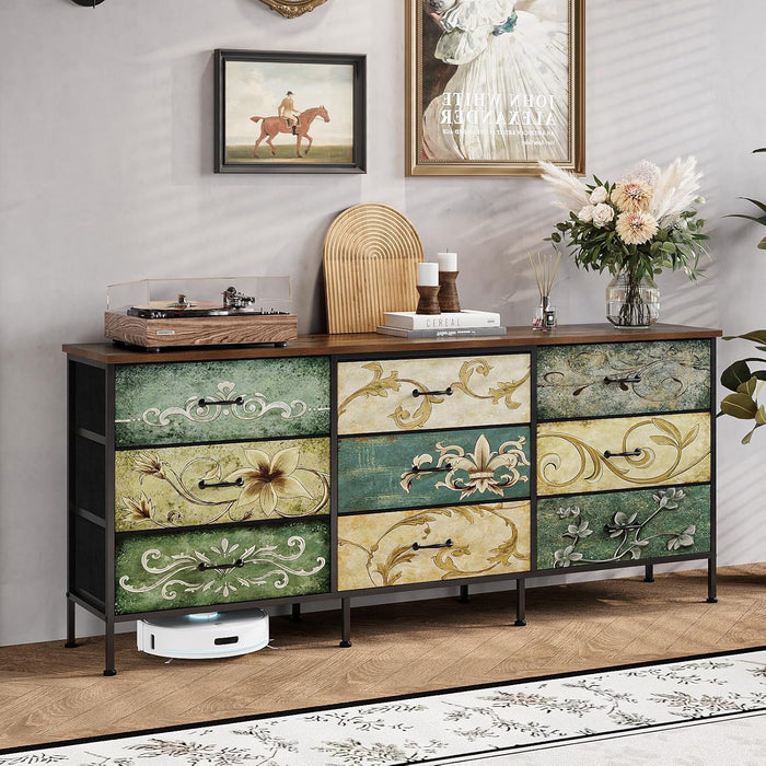 Dresser with Drawers for Bedroom Chest of Drawers Fabric Dresser for Closet,Nursery Entryway Hall Tree TV Stand for Living Room Retro Floral Pattern Drawers Wooden Top (Wide 9 Drawers)