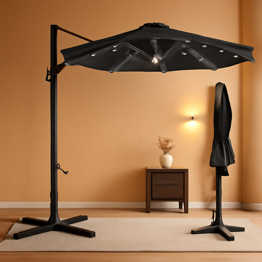 10Ft Solar LED Cantilever Patio Umbrella, 360-Degree Rotation Hanging Offset Market Outdoor Sun Shade for Backyard, Deck, Poolside W/Lights, Easy Tilt, Cross Base