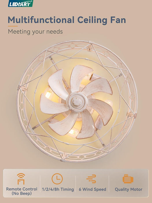 Caged Ceiling Fan with Light and Remote, 20In Small Low Profile Ceiling Fans with Lights, 6 Speed Farmhouse Flush Mount Ceiling Fan for Bedroom, Kitchen, Living Room-White and Gold