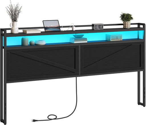 King Size Headboard, Headboard with Charging Station and LED Light Strip, 2-Tier Storage Head Board with Outlets and USB Ports, Industrial Style, for King Size Beds, Black