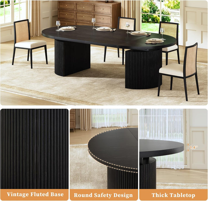 Extendable round Dining Table for 4-8, 39In-77In Long Large Kitchen Table with Fluted Base, Space Saving Modern Farmhouse Oval Dinner Tables for Dining Room, Kitchen, Living Room, Black