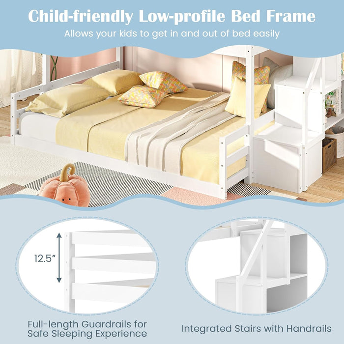 White SolidWood TwinOverFullBunkBed StairsGuardRails