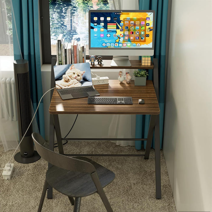 No Assembly Folding Desk, 2-Tier Compact Computer Desk with Shelf, 30 Inch Space Saving Foldable Table for Home Office, Dorm or Apartment, Portable Collapsible Sturdy Laptop Desk, Espresso