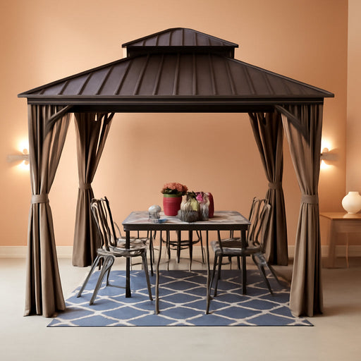 Alexander 10' X 12' Hardtop Gazebo, Aluminum Frame with Galvanized Steel Double Roof, Outdoor Permanent Pavilion with Curtains and Netting for Patio, Backyard, Deck, Lawn(Brown)