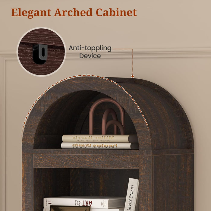 76" Tall Narrow Arched Bookcase,7-Teir Mid-Century Modern Bookshelf,Adjustable Shelves Offering More Storage Space for Living Room,Kitchen,Home Office,Walnut