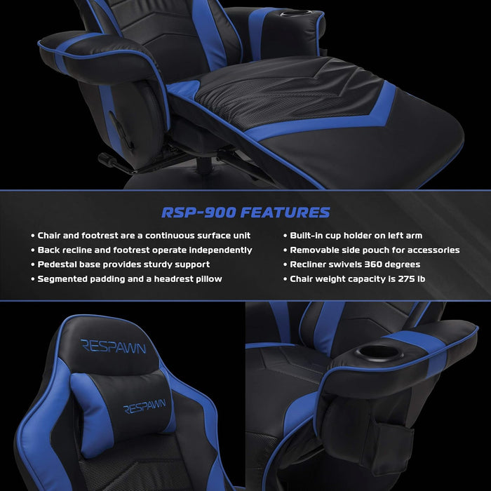 900 Gaming Recliner - Video Games Console Recliner Chair, Computer Recliner, Adjustable Leg Rest and Recline, Recliner with Cupholder, Reclining Gaming Chair with Footrest - Blue