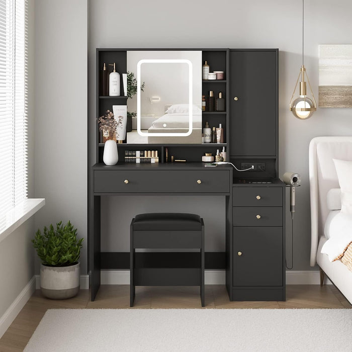 Vanity Desk with Mirror and Lights, Vanity Table Makeup Vanity with Lights 3 Drawers and Cabinets, Charging Station & Sliding Door, Lots Storage Shelves