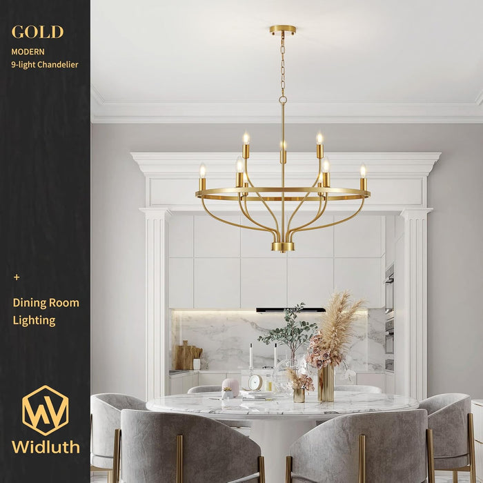 30Inch Crystal GoldTone Chandelier Nine Light Fixture