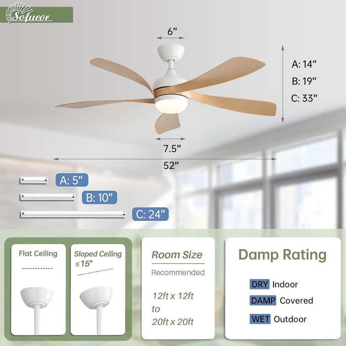 52 Inch Ceiling Fans with Lights and Remote, Outdoor Ceiling Fan with Light 6-Speed 3 CCT 3-Timer, Modern Low Profile Ceiling Fan 5 Blade Reversible DC Motor for Living Room Bedroom Patio