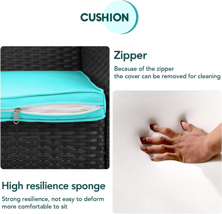 3 Piece Outdoor Furniture Set Patio Wicker Chairs Furniture Bistro Conversation Set 2 Rattan Chairs with Blue Cushions and Glass Coffee Table for Porch Lawn Garden Balcony Backyard