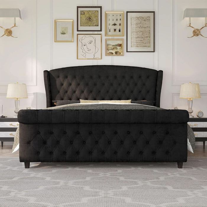 Queen Size Platform Bed Frame, Velvet Upholstered Sleigh Bed with Scroll Wingback Headboard Footboard/Button Tufted/No Box Spring Required/Easy Assembly/Black