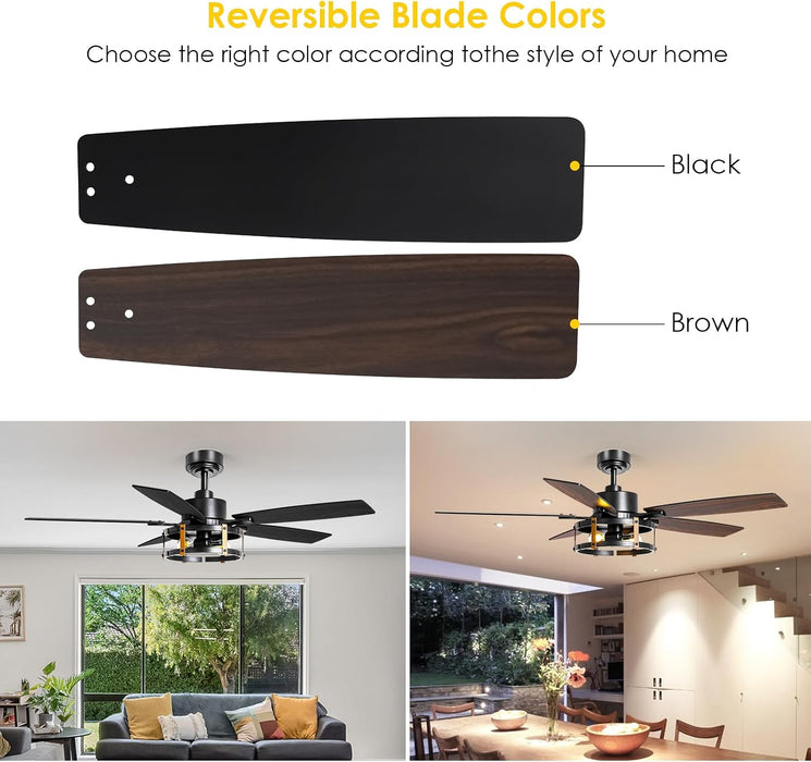 52 Inch Ceiling Fan with Light and Remote Control, Farmhouse Ceiling Fans with LED Lighting for Indoor and Outdoor, Black Caged Ceiling Fan for Bedroom Living Room and Garage
