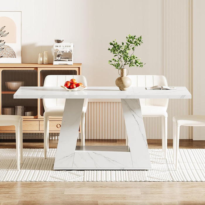 Dining Table for 4 to 6 People, 63" Rectangular Dining Room Table, Modern Wooden Faux Marble Dinner Table with Sturdy Base for Kitchen, Living Room