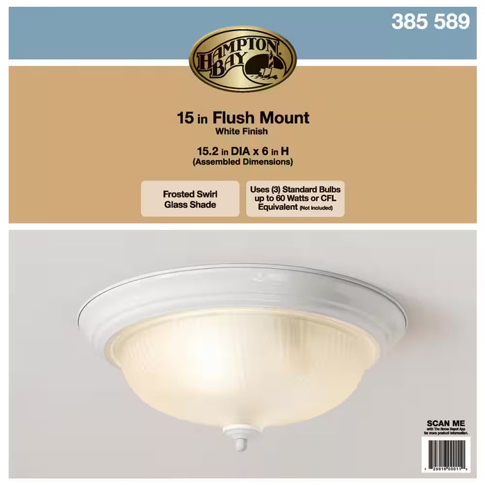 15 In. 3-Light White Dome Flush Mount with White Glass Shade