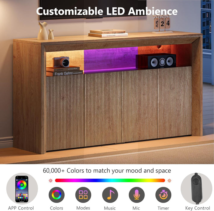 TV Stand for Tvs up to 85 Inch, Wood Entertainment Center with Open & Adjustable Storage, Mid Century Modern TV Media Console with LED Lights for Living Room, Bedroom, Oak