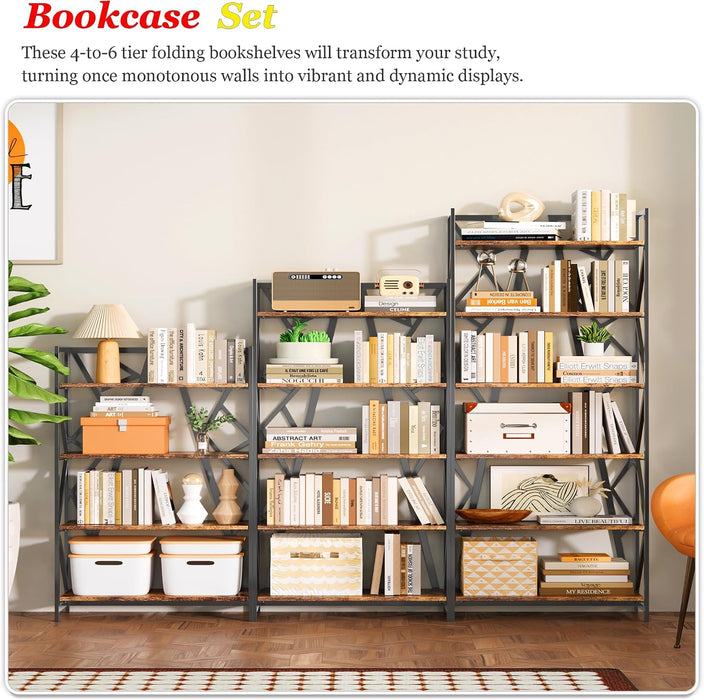 No Assembly Folding Bookshelf, 61.9" H X 23.6" W, 6 Tier Foldable Book Shelf Industrial Bookcase, Vintage Collapsible Storage Shelves for Home Office Living Room Bedroom, Rustic Brown Black