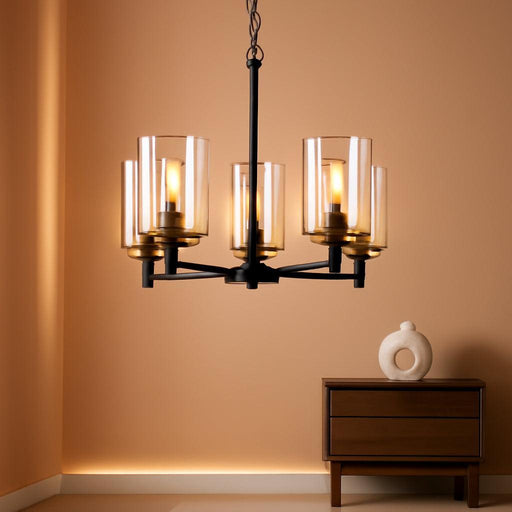 19.8'' 5-Light Chandelier for Dining Room Kitchen Island, Modern Farmhouse Pendant Lighting with Glass Shades Industrial Black Hanging Ceiling Light Fixture for Living Room, Height Adjustable