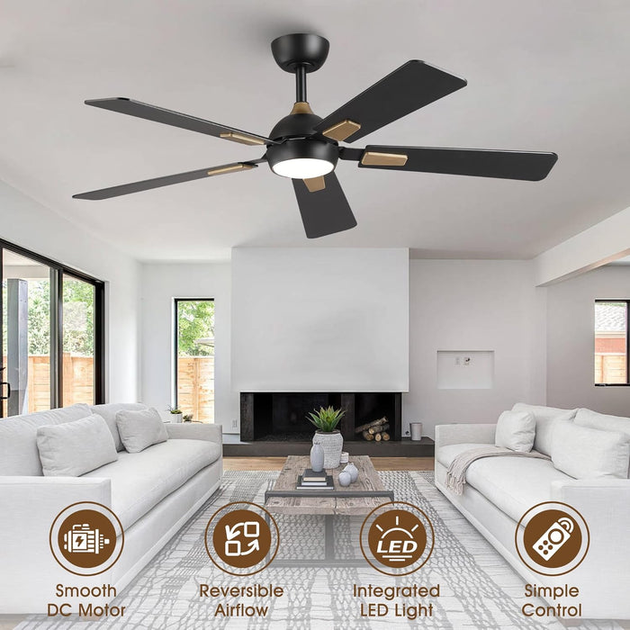 52 Inch Ceiling Fan with Lights and Remote, DC Motor Quiet 6-Speed Reversible Fan, Dimmable LED 3000K/4000K/6000K, Smart APP Control, Modern Black & Gold Ceiling Fan for Bedroom Living Room