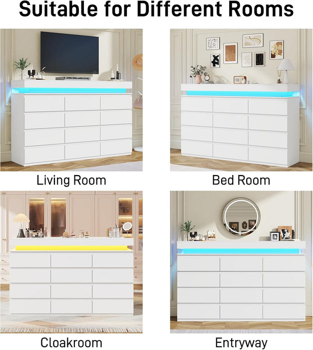 12 Drawer Dresser for Bedroom, 70" Wide 44" Tall Dresser with LED Light & Charging Station, Modern Chest of Drawers for Closet, Living Room, Entryway, Hallway (White, 12 Drawers)