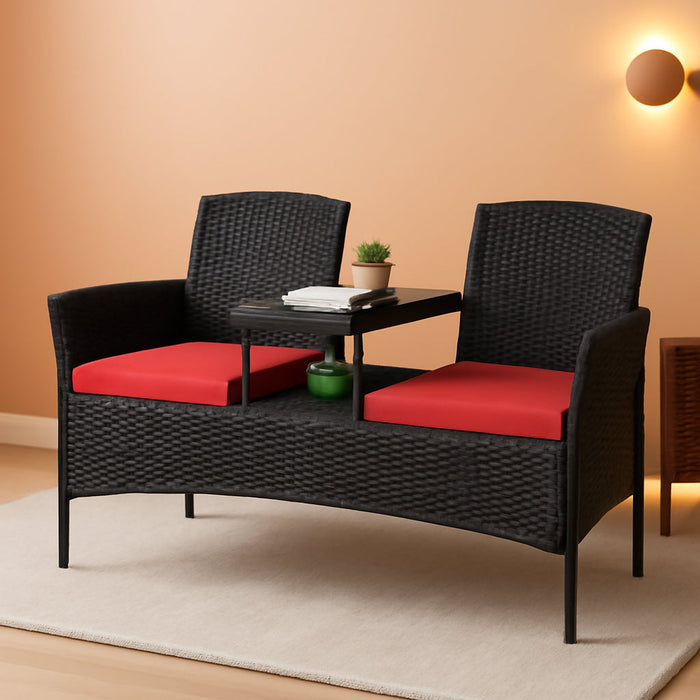 Wicker Patio Conversation Furniture Set, Outdoor Furniture Set with Removable Cushions & Table, Tempered Glass Top, Modern Rattan Bench for Garden Lawn Backyard