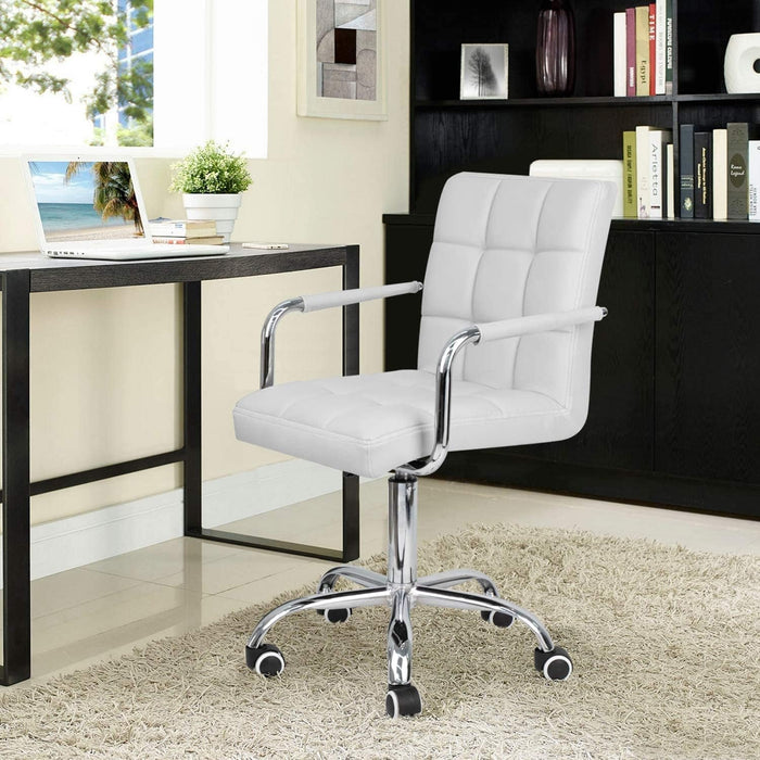 Desk Chair Modern Office Chair with Wheels PU Leather Mid-Back Rolling Chair for Office, Teen, and Bedroom Desks (White)