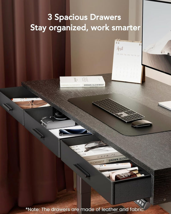 Electric Standing Desk with Drawers, C-Clamp Mount Compatible, 55 X 28 Inch Height Adjustable Sit Stand Desk, Fabric Drawers, Home Office Stand up Desk with 4 Custom Height Settings, Black