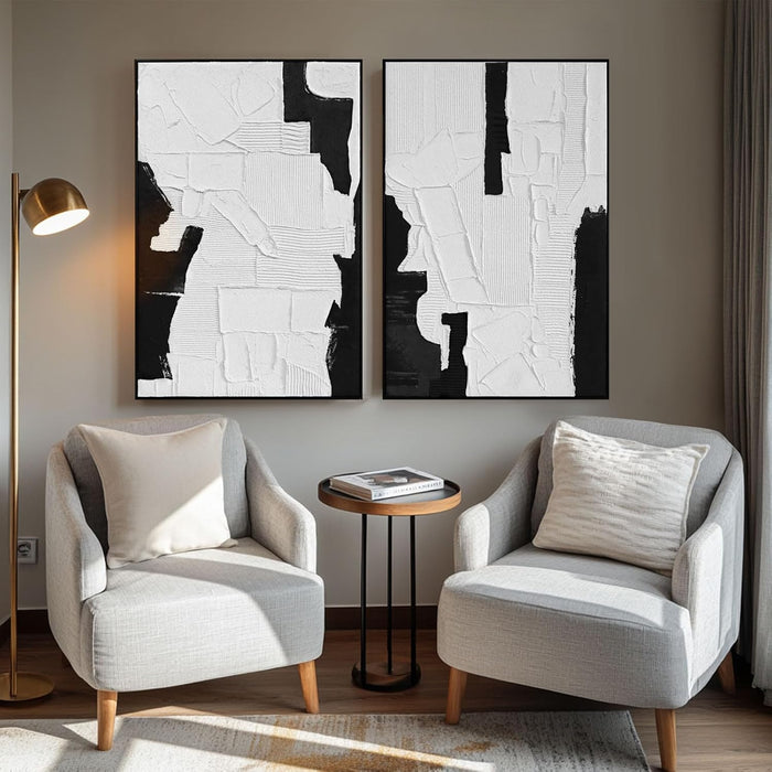 3D Textured Wall Art Hand-Painted Black and White Abstract Plaster Effect Canvas - Minimalist Modern Living Room Bedroom Decor Framed Set of 2-24"X36" Each