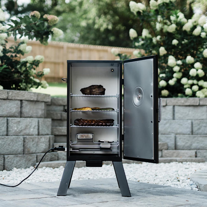 ® 30-Inch Electric Vertical BBQ Smoker with Analog Temperature Control, Chrome Smoking Racks and 535 Cooking Square Inches in Black, Model MB20070210