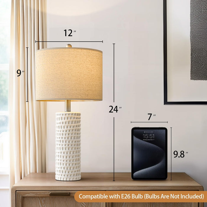 24" Farmhouse Ceramic Table Lamp Set of 2 for Bedroom Living Room White Desk Decor Bedside Lamps for Study Room Office Dorm Modern Accent Nightstand Lamp End Table Lamps