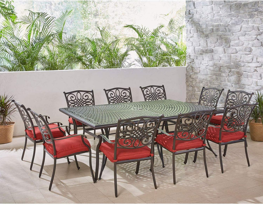 Traditions 11-Piece Patio Dining Set with 10 Stationary Chairs, Plush Red Cushions, and Extra Large Dining Table, Patio Dining Set for 10, All-Weather Rust-Resistant Luxury Outdoor Dining Set