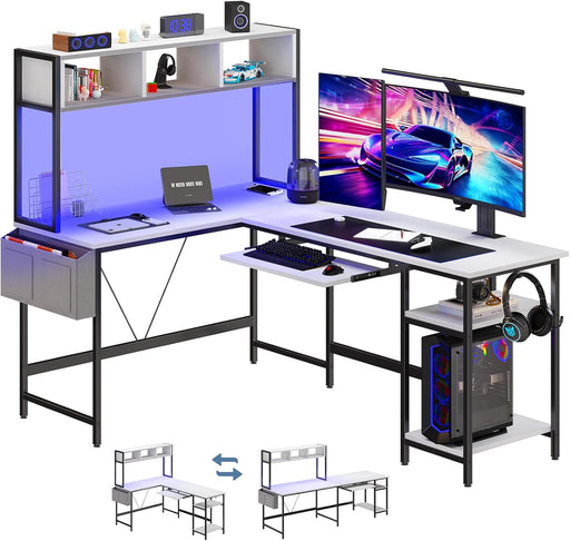 67" L Shaped Gaming Desk, Corner Desk for Compact Spaces with Keyboard Tray & Storage Shelf,Reversible Computer Desk with LED Lighting,Metal Frame PC Gaming Table for Home Office Bedroom,White