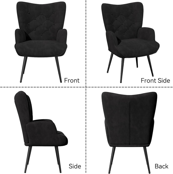 Black Mid Century Velvet Upholstered Wingback Armchair