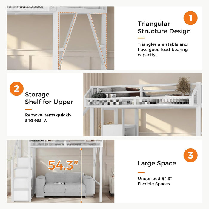 Full Size Loft Bed with Built-In Storage Stairs, Wardrobe, Metal High Loft Bed Frame with Sided Guardrail, Solid Slats, Space Saving Loft Bunk Bed Frame with Wardrobe for Kids Teens, White