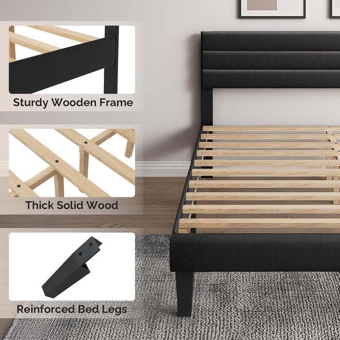 Full Upholstered Bed Frame, Adjustable Headboard, PU Leather Black
