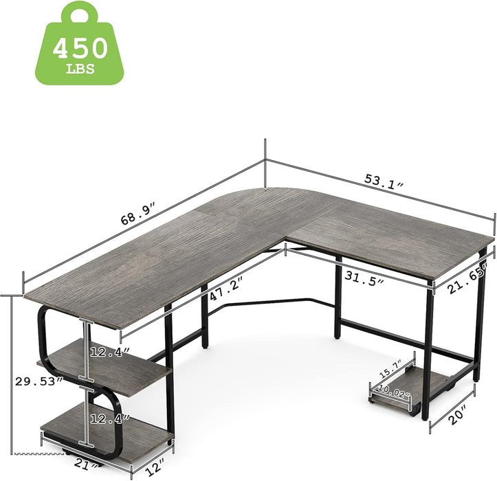 Reversible L Shaped Desk with Large Surface, 69 Inch Sturdy Corner Desk with Storage Shelves, Premium Office Computer Desk Workstation for Home Office Gaming
