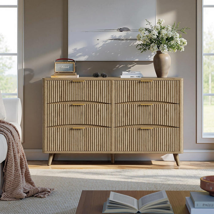 54" Curved Fluted 6-Drawer Dresser, Mid-Century Modern Natural