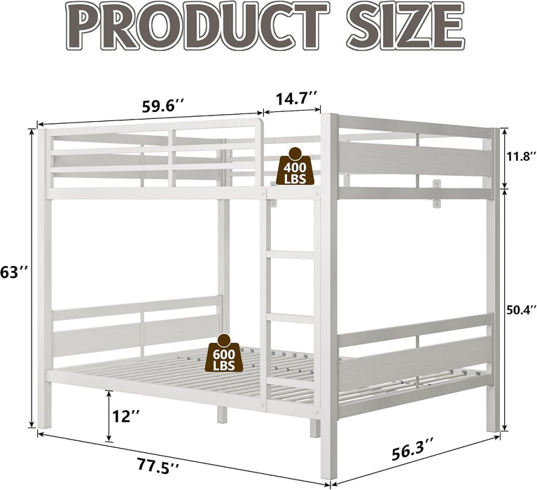 Metal Bunk Bed Full over Full with Ladder and High Guardrail, Heavy-Duty Metal Slats Support, Noise Free, No Box Spring Needed, for Kids and Juniors, White