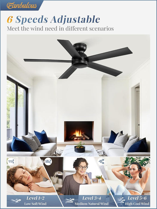 Black 48 Inch Modern Flush Ceiling Fan