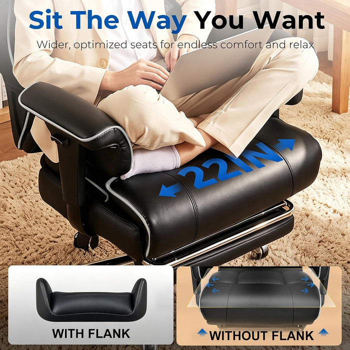 Big and Tall Office Chair,Heavy Duty Gaming Chair with Foot Rest and Wide Pocket Spring Cushion Reclining Height Adjustable for Home Office Work, Comfy Pu Leather Black-White