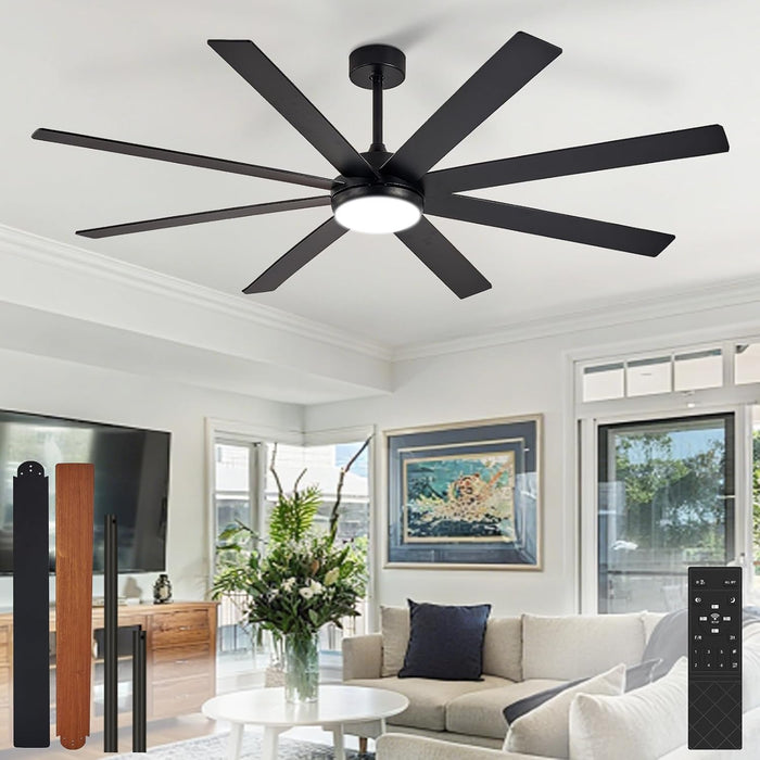 66" Ceiling Fans with Lights: Black Indoor/Outdoor Ceiling Fan for Patios Living Room - 8 Blades Dimmable Large Ceiling Fans with Remote APP Control Timer Reversible Quiet DC Motor 6 Speeds