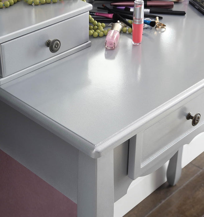Handcrafted Silvered Wooden Vanity With Mirror Stool