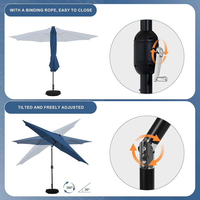 88 LED 10 FT Solar Patio Umbrella with Base, Navy