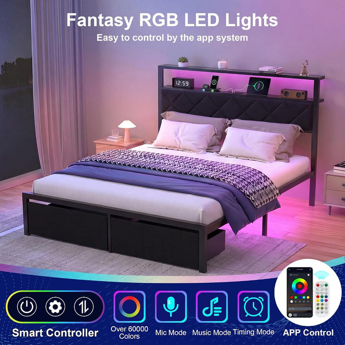 Full Bed Frame with LED Lights, Charging Station & 2 Storage Drawers, Metal Platform with Upholstered Headboard, No Box Spring Needed, Easy Assembly