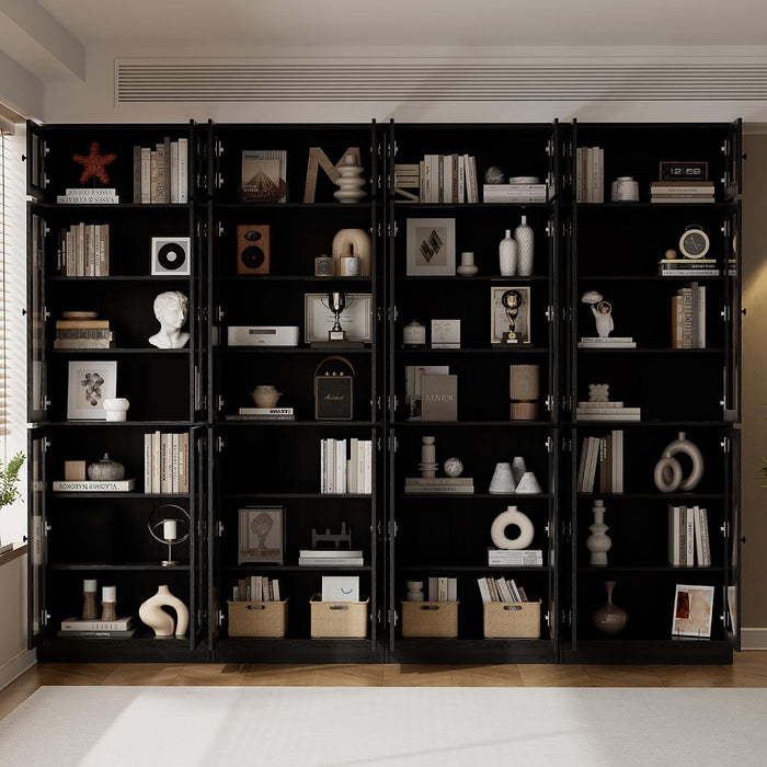 85.5" Modern Bookcase with Glass Doors Set of 4, 7-Tier Tall Wooden Bookshelf with Storage for Home Office, Large Curio Cabinet for Living Room, Office, Bedroom, Family Room (Black, ABBA)