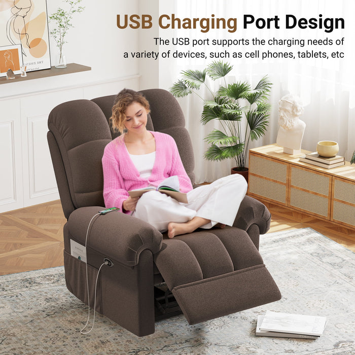 Power Recliner Chair,Electric Recline Sofa Chair for Adults with USB Port,Comfy Teddy Fleece Adjustable Cloud Sofa,Tool-Free Setup,Coffee Brown