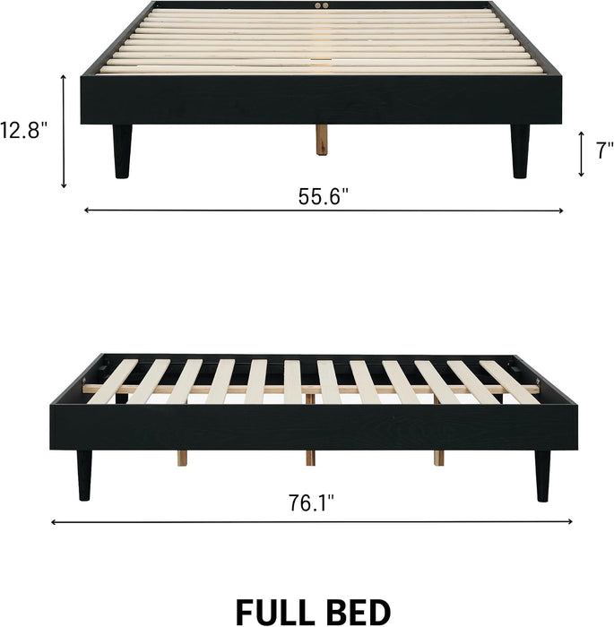 Fly Wooden Bed Frame without Headboard, Solid Wood Foundation with Silent Slats and Wood Central Supports, 1000 Lb Capacity, Effortless Assembly, Full - Burnt Black