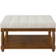 Upholstered Square Coffee Table with Wooden Shelf, Tufted Button Large Square Ottoman with Spindle Wooden Legs, Linen Large Footrest Ottoman Pouf for Living Room, Ivory