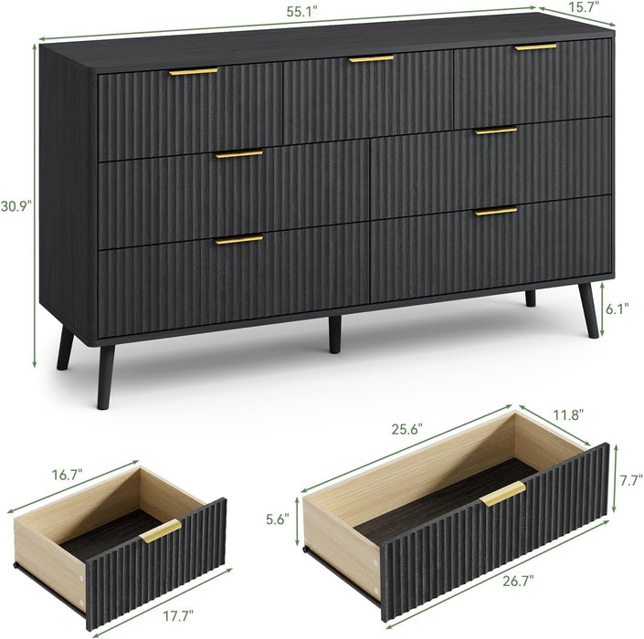 55" Wide Fluted Dresser for Bedroom with 7 Drawer, Modern Chest of Drawers with Curved Profile Design and Metal Handles, Wood Dresser TV Stand & Storage Organizer for Living Room, Black