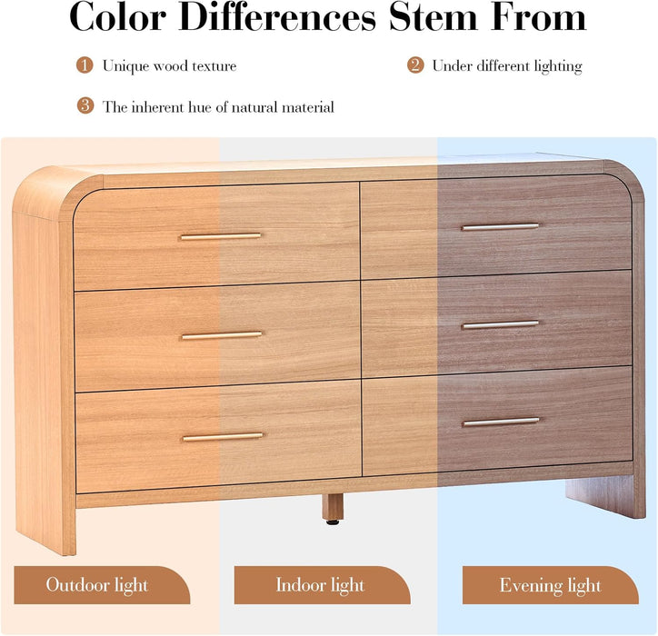 Curved 6-Drawer Dresser for Bedroom, 54" Wide Modern Chest of Drawers, Vanity Desk TV Stand for Living Room, Closet Storage Drawers Coffee Table Bedside Table End Table, Oak
